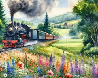 May include: A vintage steam train travels through a lush green valley with wildflowers in bloom. The train is made up of a black locomotive with red accents and several passenger cars. The train is moving through a valley with rolling hills and a blue sky with white clouds.