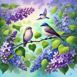 PDF mezen en seringen, kleine vogels, geteld kruissteekpatroon, violette bloemen digitale kruissteekkaart pdf, tak lentebloemen