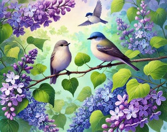 May include: A painting depicting three blue birds perched on branches of a lilac bush with purple flowers. The birds are in various poses, with one flying in the air.