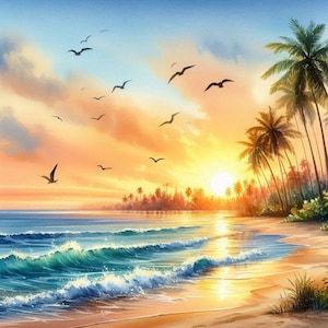 PDF Sunrise, Beach waves, Palms, Counted Cross Stitch Pattern, Seascape, Digital Cross Stitch Chart, Seascape PDF, Cross Stitch Pattern