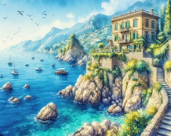 May include: A watercolour painting of a yellow house with a red roof on a cliff overlooking a blue sea. The house has a balcony and a garden with green plants. The sea is dotted with small boats.