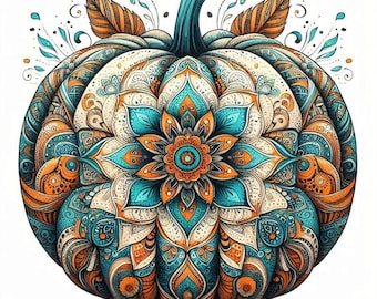 Op de afbeelding: Een decoratieve pompoen met een ingewikkeld mandala-ontwerp in tinten oranje, blauw en wit. De pompoen is een traditioneel herfstsymbool en zou een uniek decoratief stuk voor thuis zijn.