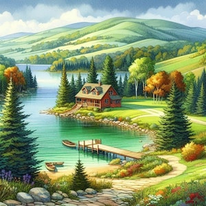 PDF Wisconsin State, Counted Cross Stitch Pattern, Flowers Field, Summer Landscape, Country Village, Mountain, River, Instant Download