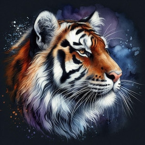 May include: A watercolor painting of a tiger's head in profile. The tiger has orange and black stripes, with white fur around the face and neck. The background is a dark blue with splashes of color.