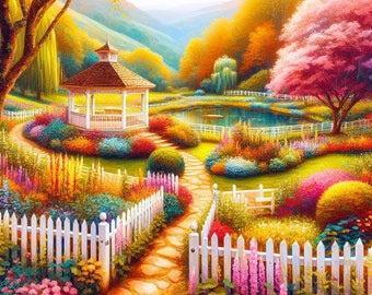 PDF Country Garden Counted Cross Stitch Pattern, Landscape design, Instant Download Digital Format