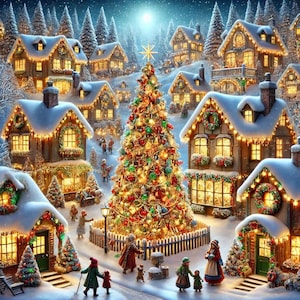 Può includere: Una scena di villaggio natalizio innevato con un grande albero di Natale decorato al centro. Le case sono illuminate da luci scintillanti e ci sono persone che passeggiano per il villaggio.