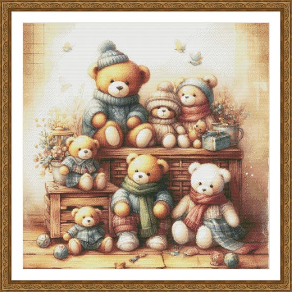PDF Teddy Bears Family, Counted Cross Stitch Pattern, Kids Room