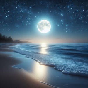 Patrón de punto de cruz contado con luz de luna, playa, luna, paisaje marino, océano, olas del mar, luna llena, gráfico digital de descarga instantánea