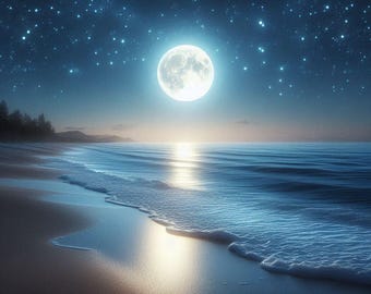 PDF Clair de lune, plage, lune, motif point de croix compté, paysage marin, océan, vagues de la mer, pleine lune, téléchargement immédiat carte numérique