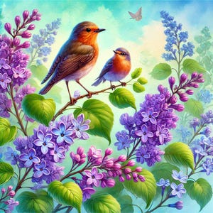 PDF mezen en seringen, kleine vogels, geteld kruissteekpatroon, violette bloemen digitale kruissteekkaart pdf, tak lentebloemen