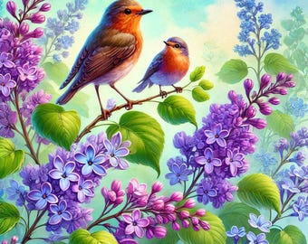 May include: Two small birds perched on a branch of a lilac bush with purple and pink flowers. The birds are a robin and a bluebird. The background is a soft blue.