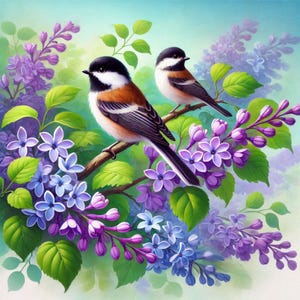 PDF mezen en seringen, kleine vogels, geteld kruissteekpatroon, violette bloemen digitale kruissteekkaart pdf, tak lentebloemen