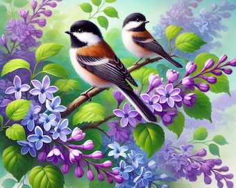 May include: Two small birds with black heads and brown and white striped bodies are perched on a branch of a lilac bush with purple and blue flowers. The background is a light blue.