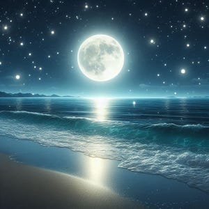Puede incluir: Una luna llena brilla intensamente sobre un océano tranquilo con una playa de arena en primer plano. El cielo está lleno de estrellas brillantes.