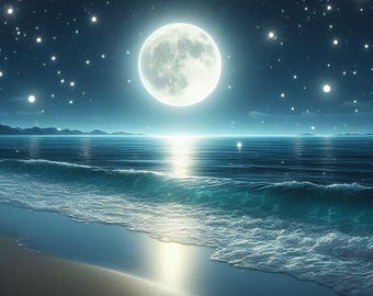 PDF Clair de lune, plage, lune, motif point de croix compté, paysage marin, océan, vagues de la mer, pleine lune, téléchargement immédiat carte numérique