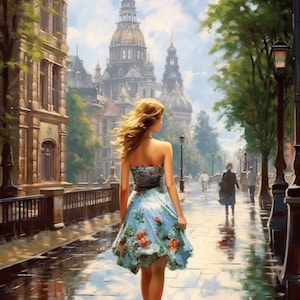 PDF Romantic Lady Counted Cross Stitch Pattern, City Landscape Instant Download Digital format