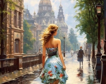 PDF Romantic Lady Counted Cross Stitch Pattern, City Landscape Instant Download Digital format