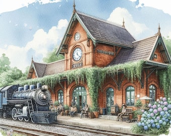 May include: A vintage-style train station with a brick facade and a clock tower. A black steam engine train is pulling into the station. The station is covered in green vines and there are people waiting on the platform.
