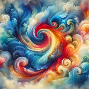 May include: Abstract artwork featuring swirling, colorful brushstrokes. The image showcases a vibrant mix of blues, reds, oranges, and yellows, creating a dynamic and energetic composition. The artwork evokes a sense of movement and fluidity, with a focus on color and form.