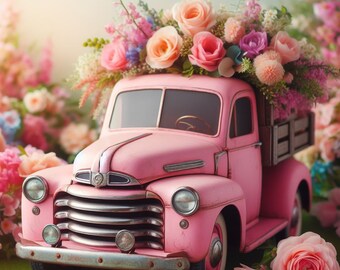 Pode incluir: Uma carrinha rosa vintage transbordando com uma variedade vibrante de rosas e outras flores. A caixa da carrinha é preenchida com uma caixa de madeira. A cena é ambientada em um jardim exuberante com uma estética suave e sonhadora.