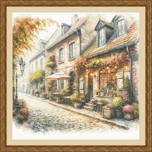 May include: A watercolor painting of a quaint European street scene with a cafe and flower shop. The buildings are painted in warm tones of yellow and brown, with green vines growing up the walls. The street is cobblestone and there are people sitting at tables outside the cafe.