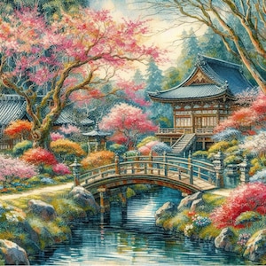 PDF Japanse tuin geteld kruissteekpatroon, landschapsontwerp, Instant Download digitaal formaat