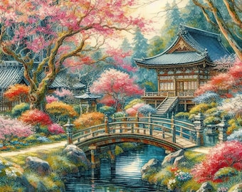 PDF Japanese Garden Counted Cross Stitch Pattern, Landscape design, Instant Download Digital format