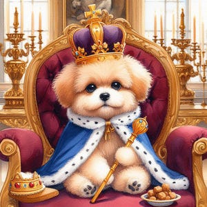 May include: A small, fluffy, light brown dog wearing a royal blue and white robe with a gold crown on its head. The dog is sitting on a red velvet throne with gold accents. The dog is holding a gold scepter in its paws.