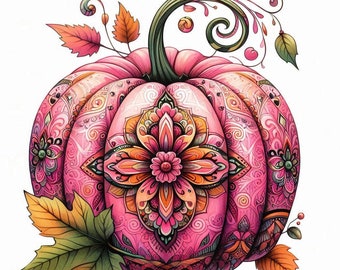 Op de afbeelding: Een roze pompoen met ingewikkelde bloem- en mandala-ontwerpen. De pompoen heeft een groene steel met een gekrulde wijnstok en bladeren.