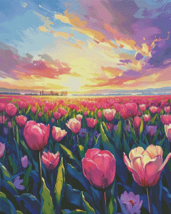 PDF Tulip Field Counted Cross Stitch Pattern, Landscape Design