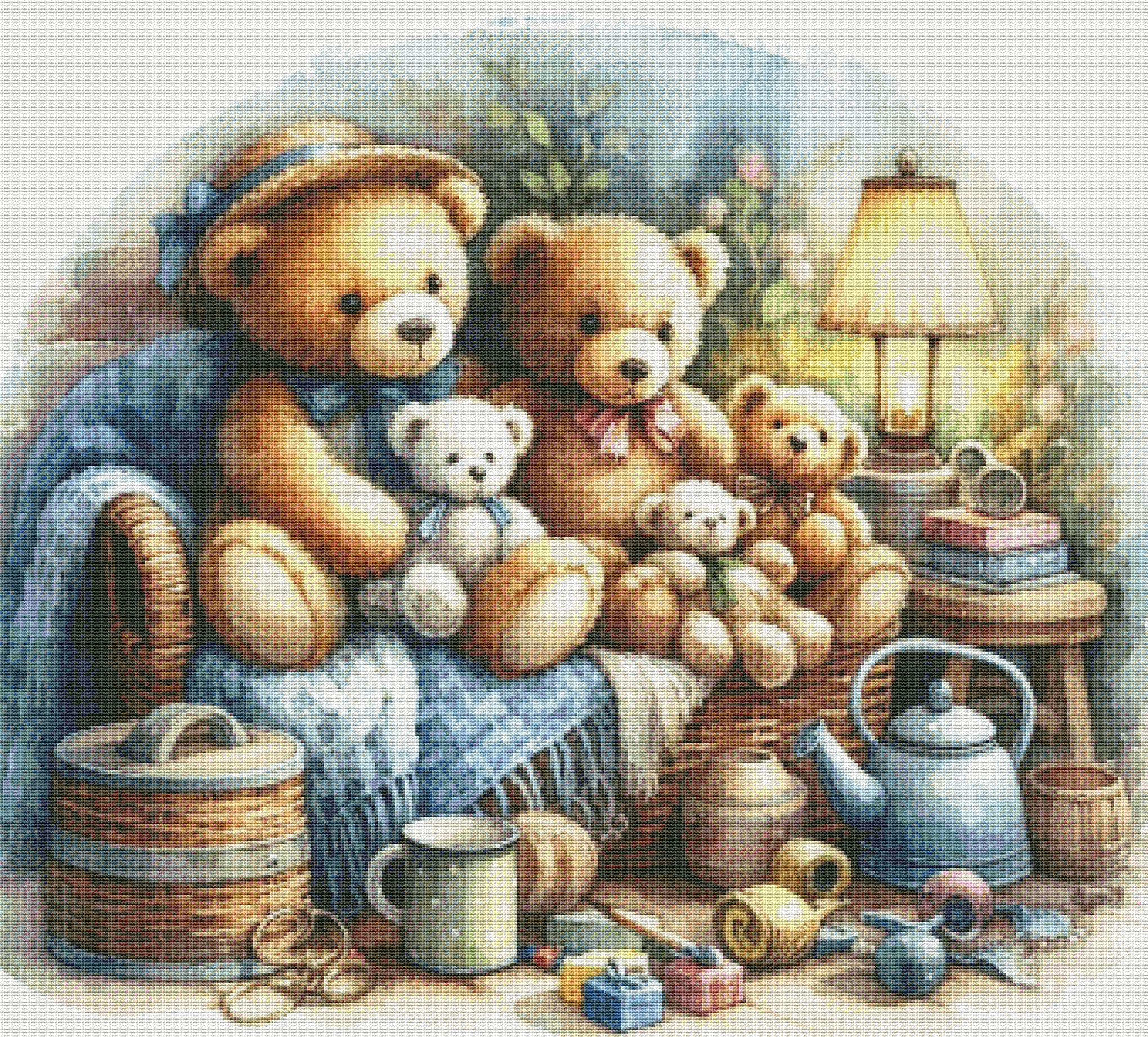 PDF Teddy Bears Family, Counted Cross Stitch Pattern, Kids Room