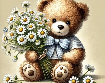 PDF Teddy Bear, Camomiles Flowers, Counted Cross Stitch Pattern, Kids Room Decor, Cozy Room, Children Toys, Digital Chart, Instant Download