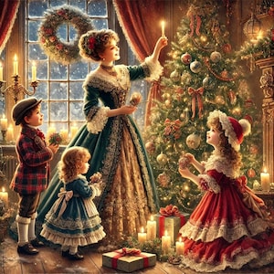 Puede incluir: Una escena navideña con un árbol de Navidad decorado, una mujer con un vestido verde y dorado y tres niños. La mujer sostiene una vela encendida y los niños sostienen adornos. El árbol está decorado con adornos rojos y dorados, y hay regalos debajo del árbol.