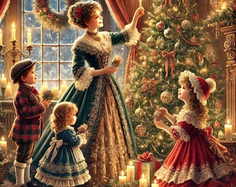 PDF Christmas EVE, Counted Cross Stitch Pattern, Victorian Lady, Happy Family, Royal Palace, Christmas Tree Decorating, Instant Download