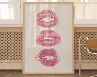 Pink Art Prints Trendy Wall Art Kiss Lips Wall Art Dorm Wall Art Lips Print Preppy Dorm Girly Printable Fashion Wall Art Makeup Wall Decor