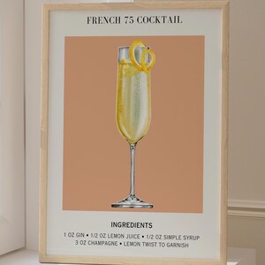 French 75 Cocktail Art Bar Cart Decor Cocktail Poster Party Signature Drink Sign Minimalist Preppy Dorm Art Dining Kitchen Wall Art Trendy
