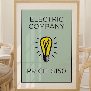Monopoly Print Wall Art Poster Electric Company Monopoly Board Game Wall Art Game Room Poster New Home Decor Wall Art Gallery Wall Dorm Room