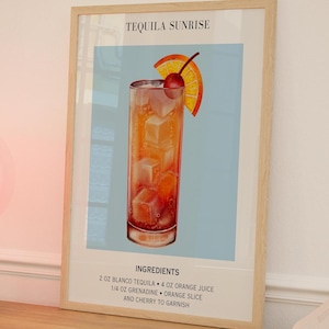 Tequila Sunrise Print Bar Cart Decor Cocktail Poster Party Signature Drink Sign Trendy Wall Minimalistyczny Niebieski Retro Niebieski Art Przepis na Koktajl