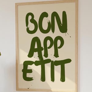 Bon Appetit ポスター ミッドセンチュリー タイポグラフィ プリント フランス語 引用 ポスター 新居 ギフト キッチン ウォール アート マキシマリスト キッチン プリント シェフ ギフト グリーン