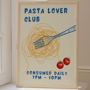 Retro Kitchen Wall Art Pasta Night Poster Spaghetti and Wine Food Print Blue Kitchen DecorItalian Pasta Sketch Carb Lover New Home Chef Gift