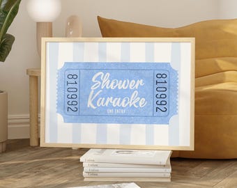 Coquette Art Blue Shower Karaoke Ticket Print Bathroom Retro Blue Preppy Aesthetic Shower Singing Funny Wall Art Trendy Home Wall Art