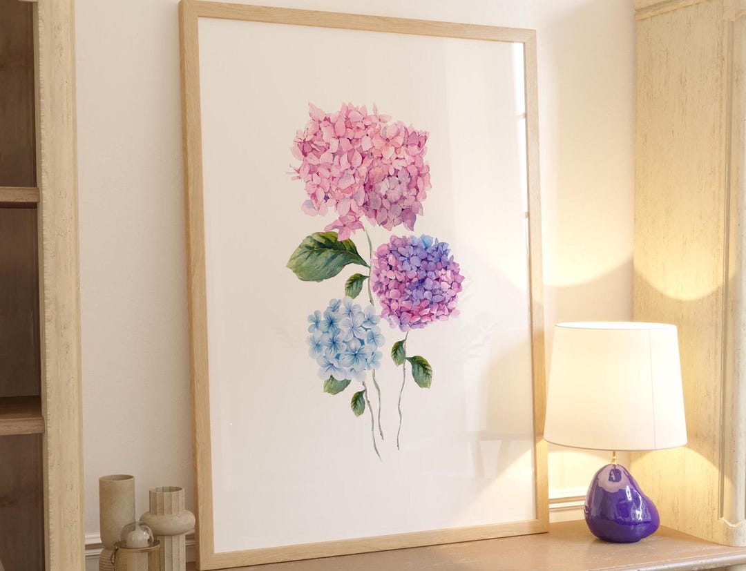 Pink Hydrangea Watercolor Print, Minimalist Floral Wall Art (digital ...