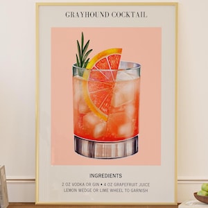 Grayhound Cocktail Art Bar Cart Decor Cocktail Poster Party Signature Drink Sign Trendy Wall Minimalista Elegante Sofisticado Retro Rosa Arte