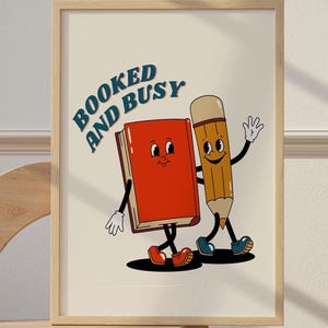 Reading Poster Classroom Wall Decor Digital Download Wall Print Booked and Busy Trendy Retro Art 70s Art Print Retro Character Elementary
