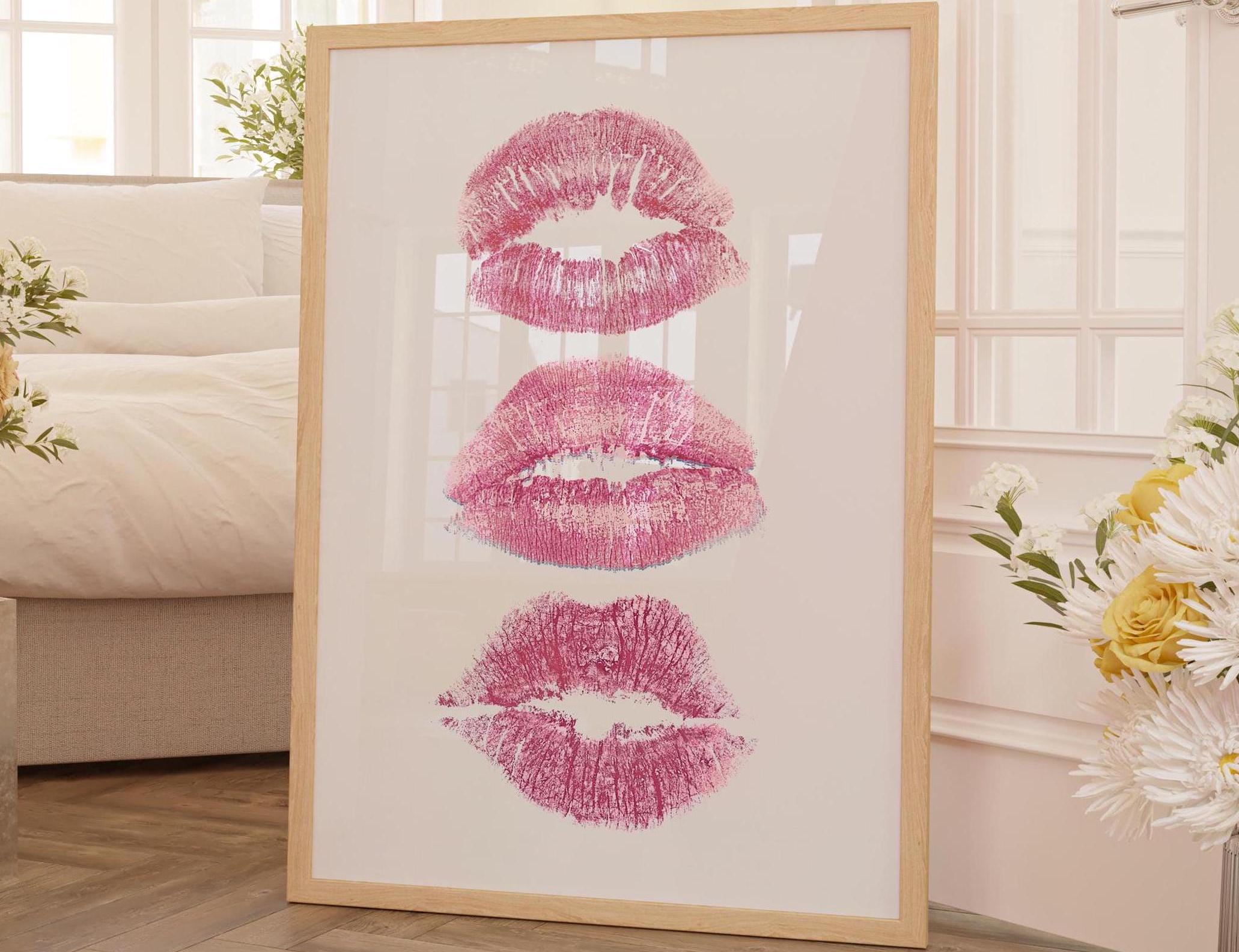 Pink Art Prints Trendy Wall Art Kiss Lips Wall Art Dorm Wall Art Lips Print Preppy Dorm Girly Printable Fashion Wall Art Makeup Wall Decor