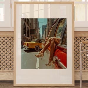 クラシックカーのポスターにハイヒール、タクシー、ニューヨークのファッション写真、ファッションウォールアートプリント、印刷可能なウォールアート、デジタルダウンロード、寮のポスタープリント