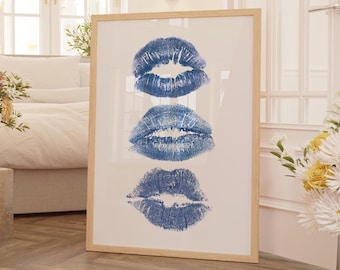 Navy Blue Wall Art Aesthetic Wall Art Trendy Wall Art Blue Art Print Aesthetic Room Decor Dorm Wall Art Kiss Lips Wall Art Digital Printable