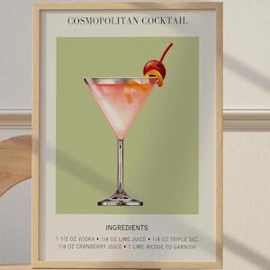 Cosmopolitan Cocktail Art Bar Cart Decor Cocktail Poster Party Signature Drink Sign Trendy Wall Minimalist Elegant Sophisticated Retro Green