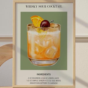 Whisky Sour Art Bar Cart Decor Cocktail Poster Party Signature Drink Sign Trendy Wall Minimalist Bar Cart Retro Green Art Preppy Dorm Poster