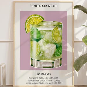 Koktajl Mojito Sztuka Bar Cart Dekoracja Koktajlu Plakat Impreza Podpis Drink Znak Modna Ściana Minimalistyczny Elegancki Wyrafinowany Retro Fioletowy Sztuka